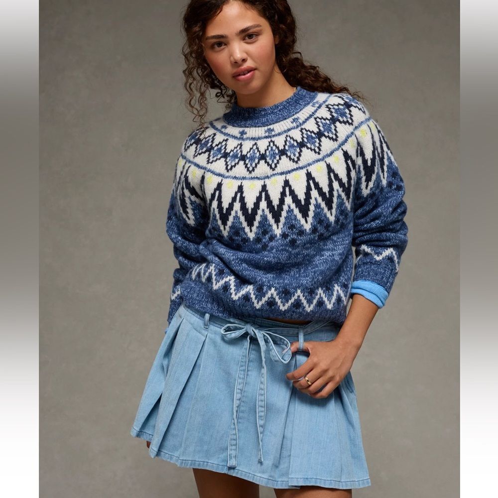 AE XL Blue White Multi Fair Isle Snow Stopper Knit Sweater - Picture 2 of 16